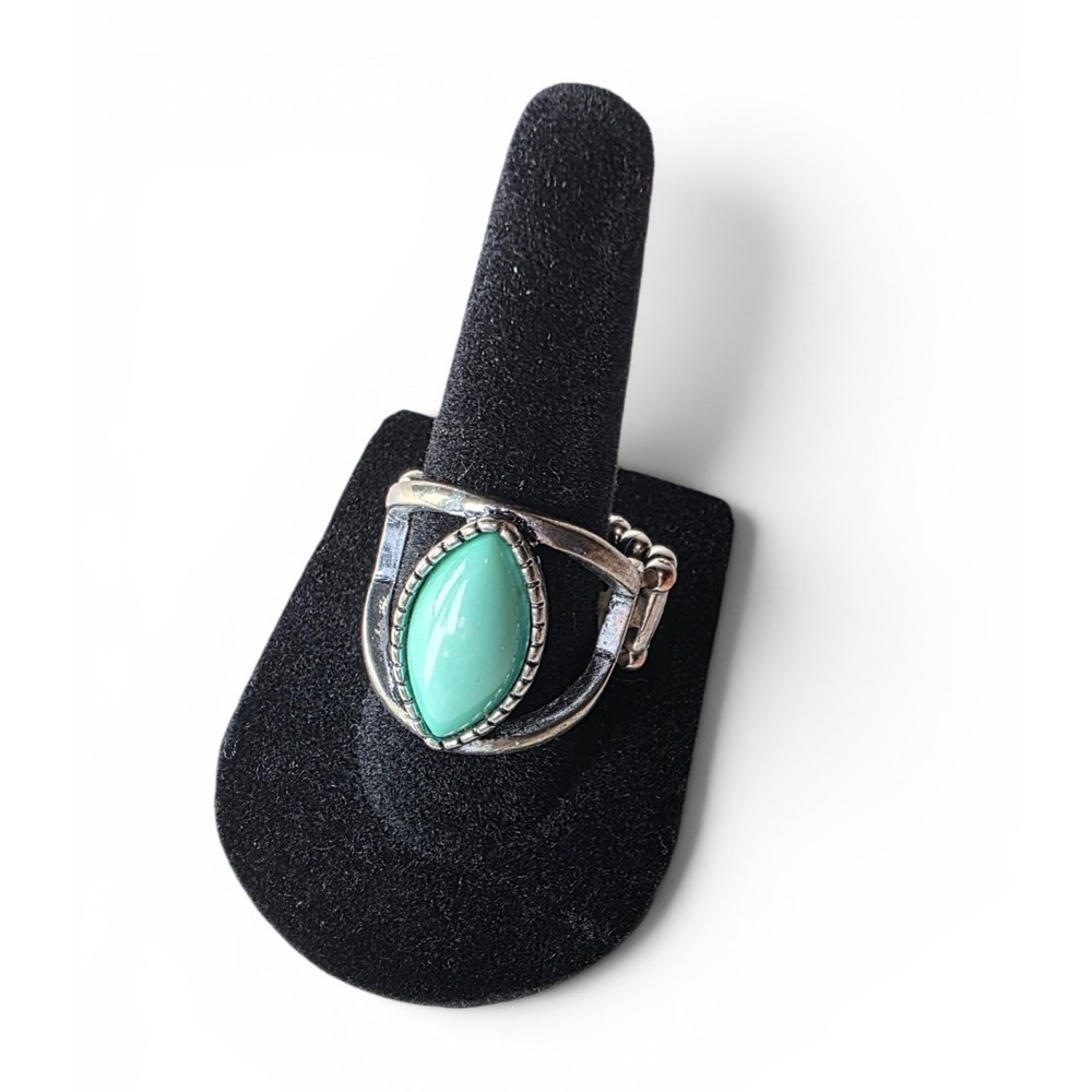 Vintage Turquoise Stone Bezel Set Metal Cocktail Adjustable Band Ring Size 5-9